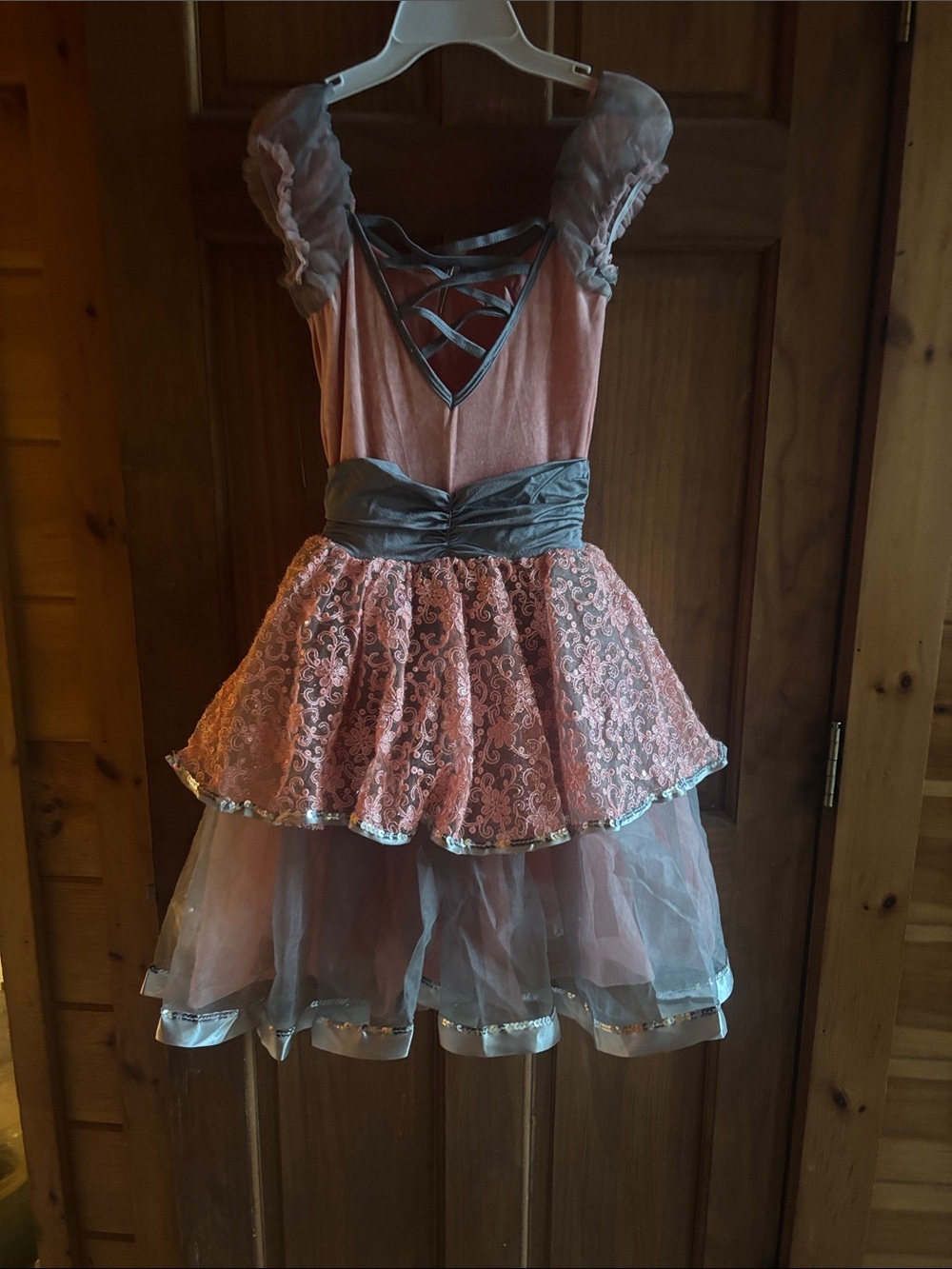 Salmon Pink & Gray Floral Tulle Woman’s Dance/Ballet Dress w/ Matching Hairclip. - Picture 2 of 4